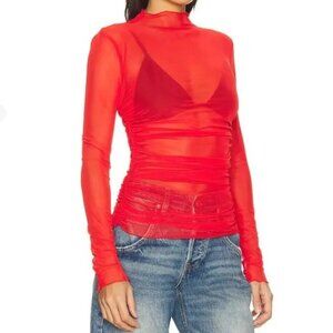 By.DYLN Nina Red Mesh Ruched Long Sleeve Top Women’s XL